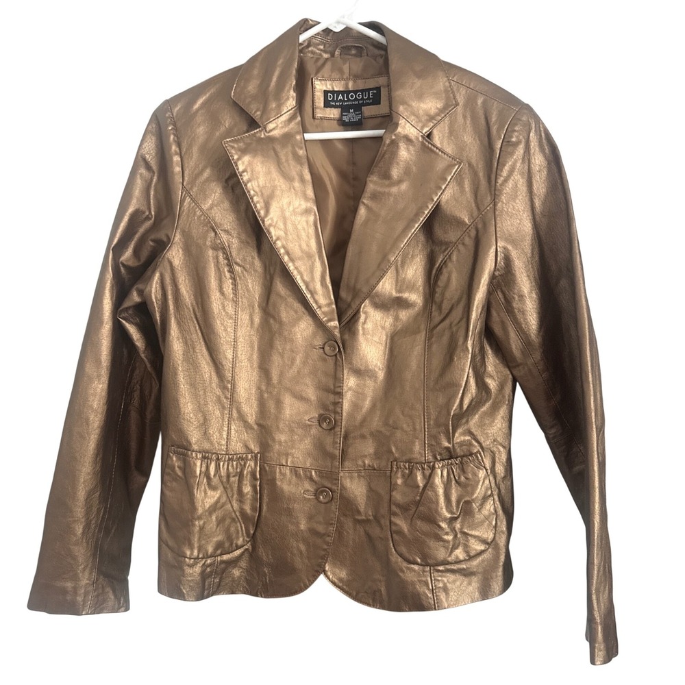 Dialogue Womens Jacket Medium Bronze Metallic Leather Blazer Button Front